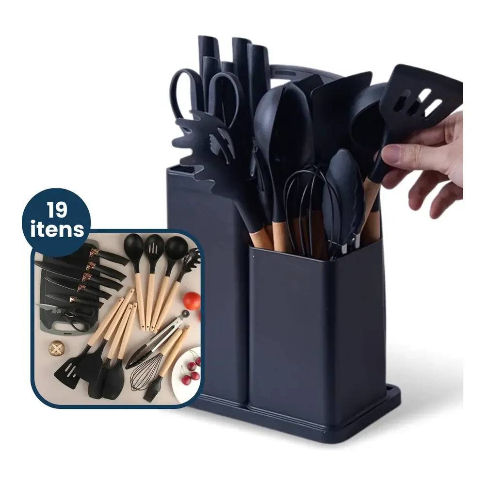 Kit 19 Peças Utensílios Cozinha Silicone Antiaderente Preto Com Tábua Sd1vv