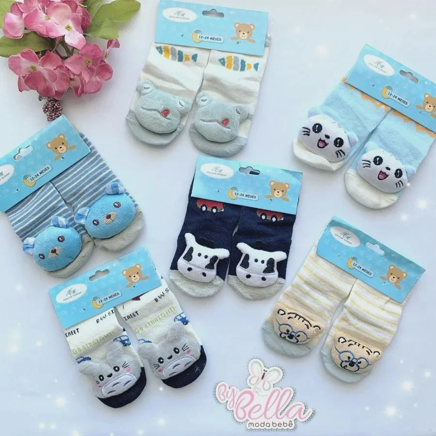 kit Ate 6 pares Meia de Bebe meias Com sinos dê Bichinho