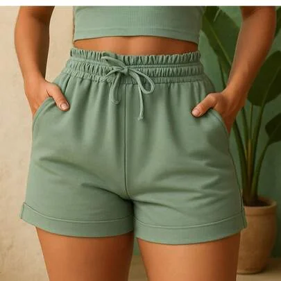 Shorts de Moletom Feminino Short com Bolso Básico Moletinho Cintura Alta Bermuda Feminina Verde Preto Branco Marrom Bege