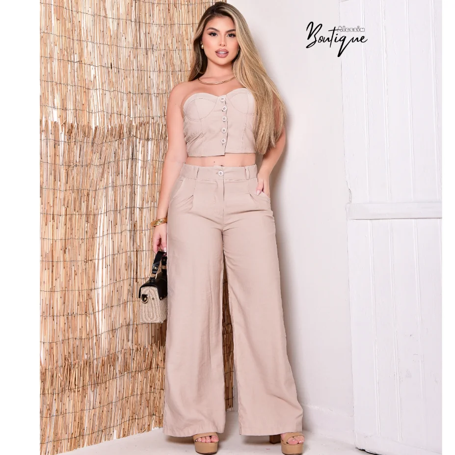 CONJUNTO  FEMININA CALÇA pantaloa E CROPPED com botão EM TECIDO MARRANT