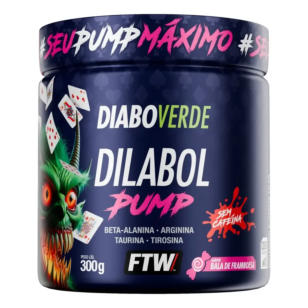 Pré Treino Dilabol Pump Diabo Verde Sem Cafeína Pote 300g Sabor Bala De Framboesa - Ftw