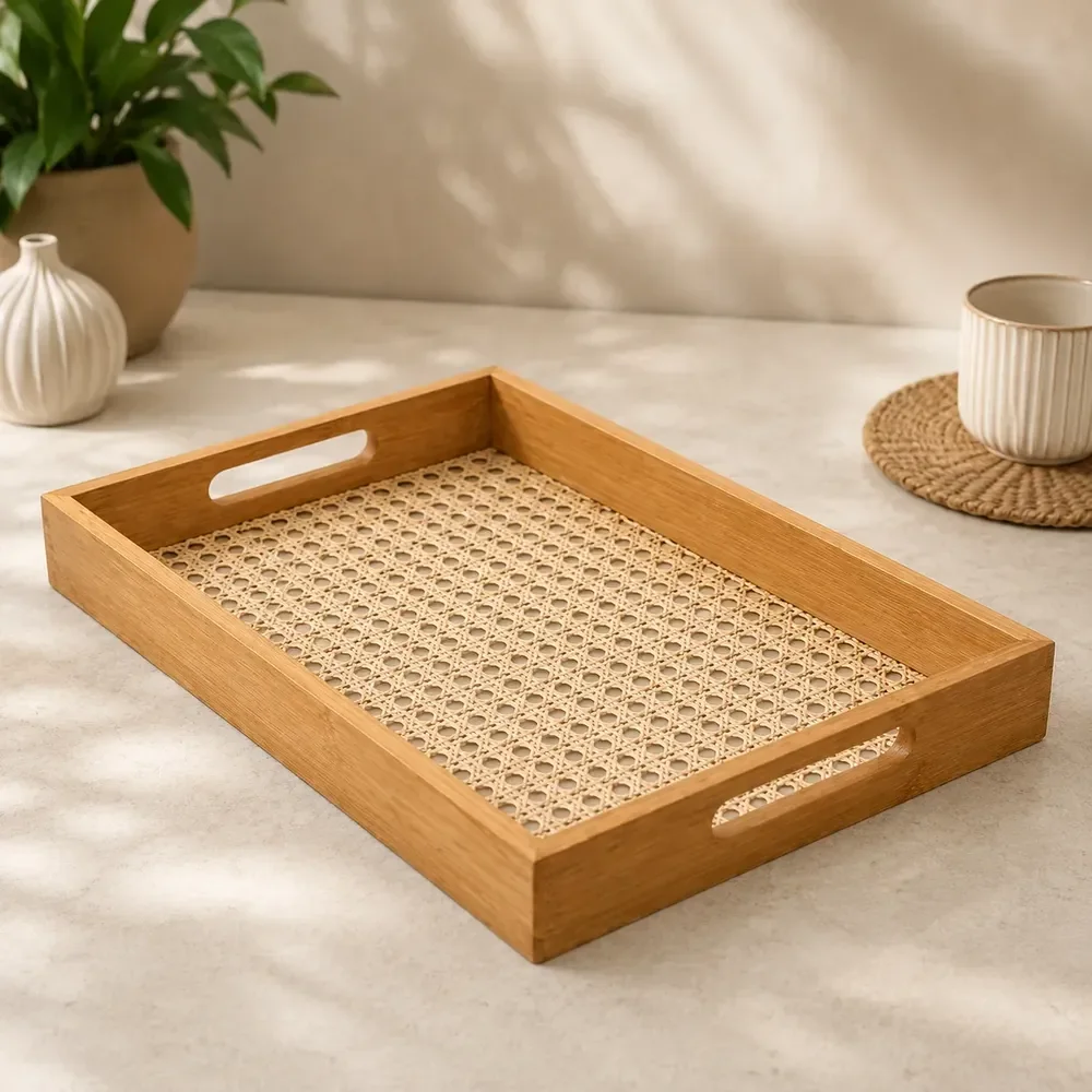 Bandeja Retangular Bambu Palha Decorativa Indiana Palhinha Palha Indiana Rattan