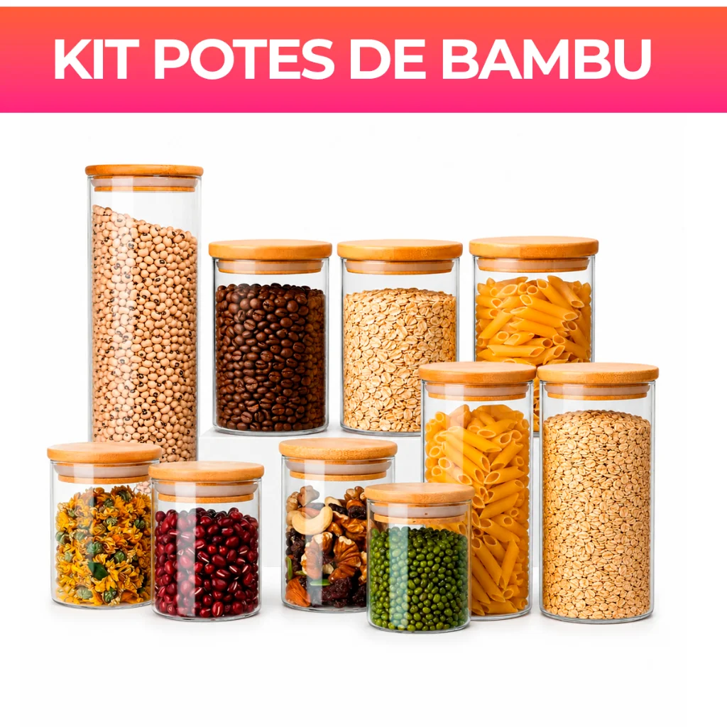 Kit Potes de Vidro 200/300/550/2000ml com Tampa de Bambu Hermético Mantimentos Condimentos Empilhaveis