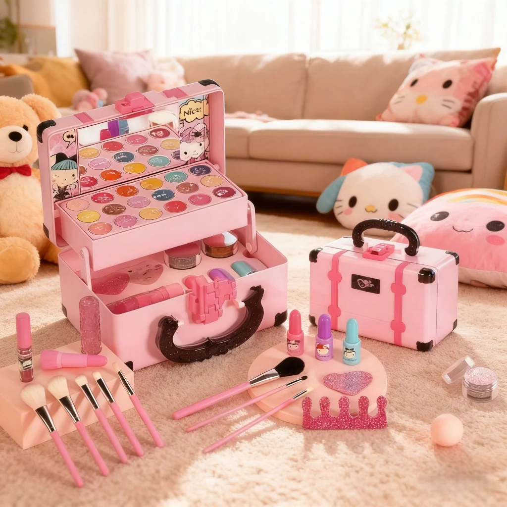Conjunto De Cosméticos Infantis De 32 Peças Com Maquiagem Lavável E Maleta De Transporte , Inclui Sombra , Batom Esmalte