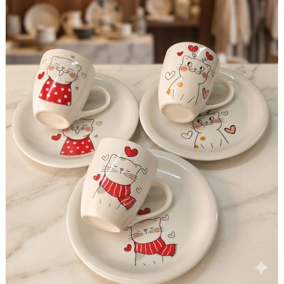 Kit Jogo Caneca Landy 240ml + Prato Sobremesa Lanche em Porcelana Linha Kids Gatinho Branco