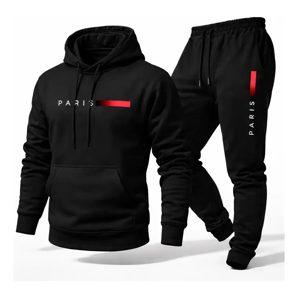 Conjunto Moletom Calça Unissex Paris Canguru Casaco Frio G Preto