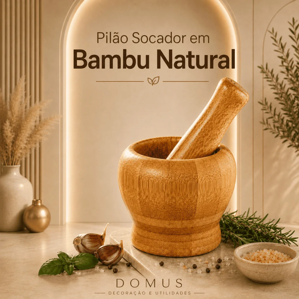 Pilão de Bambu Socador Natural Para Tempero Alho Ervas Finas Multiuso