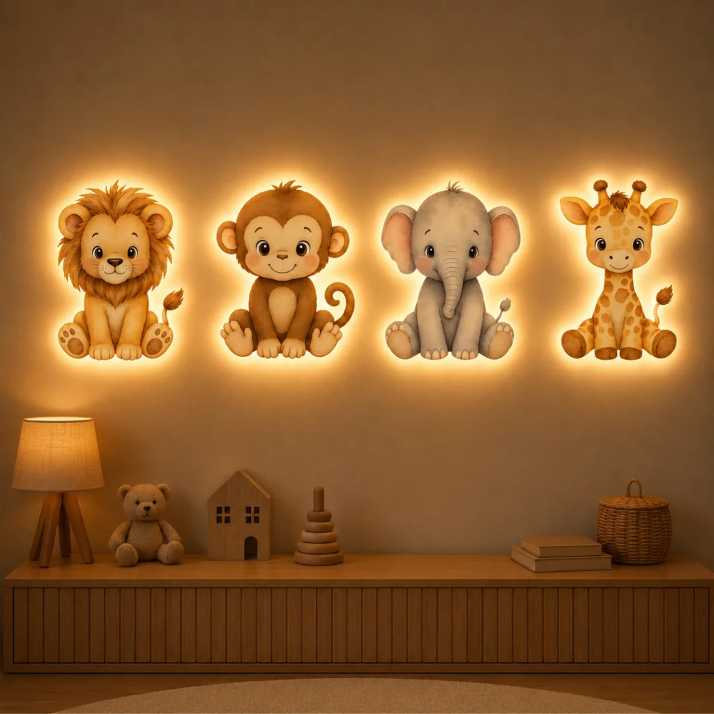 Kit Safari Infantil Iluminado LED Parede Com Bateria 4 Peças