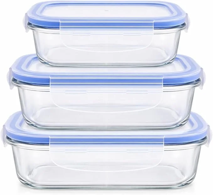 Kit 3 Potes Vidro Borossilicato Retangular Tampa Hermética 4 Travas c/Vedação - 370ml 640ml 1040ml - Compatível Freezer e Micro-ondas - Organizador Geladeira Cozinha Premium