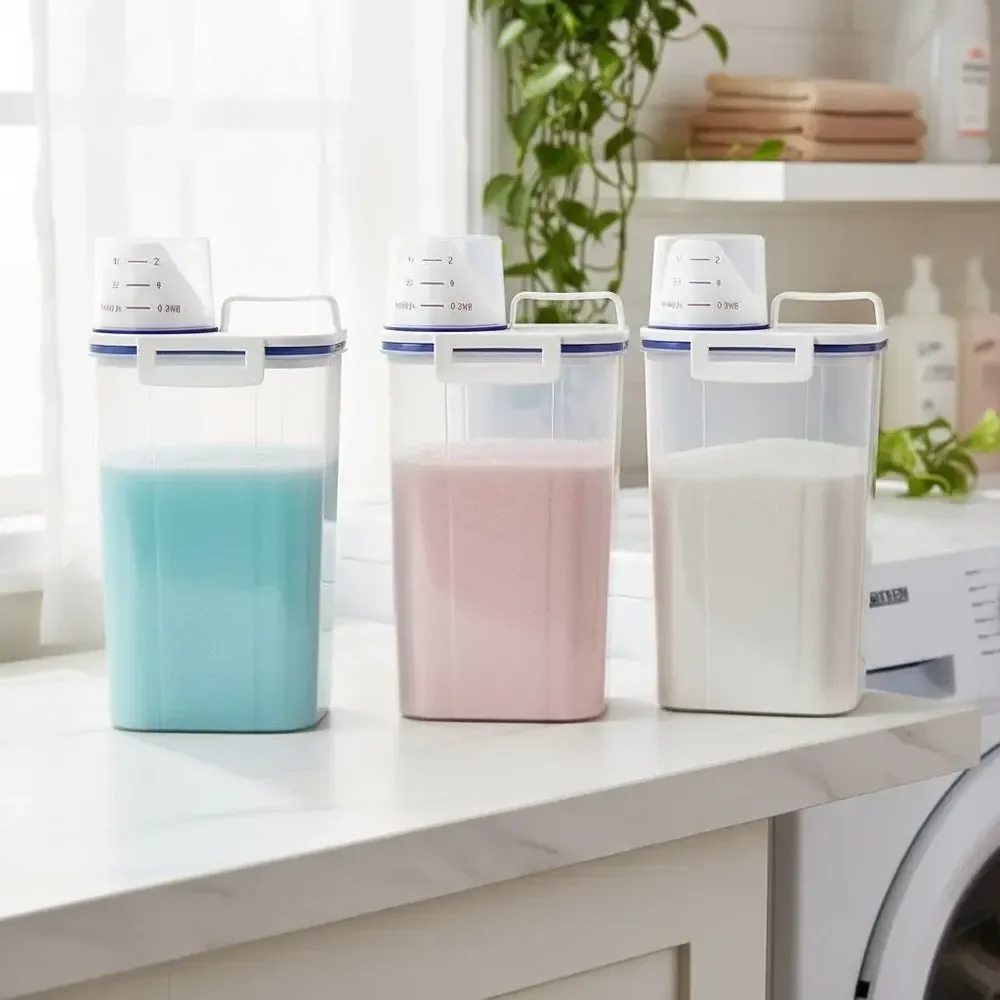 Kit 3 Potes Dispenser Hermético 2l Multiuso Lavanderia Porta Sabão Em Pó Com Copo Medidor Bico Dosador E Travas Branco