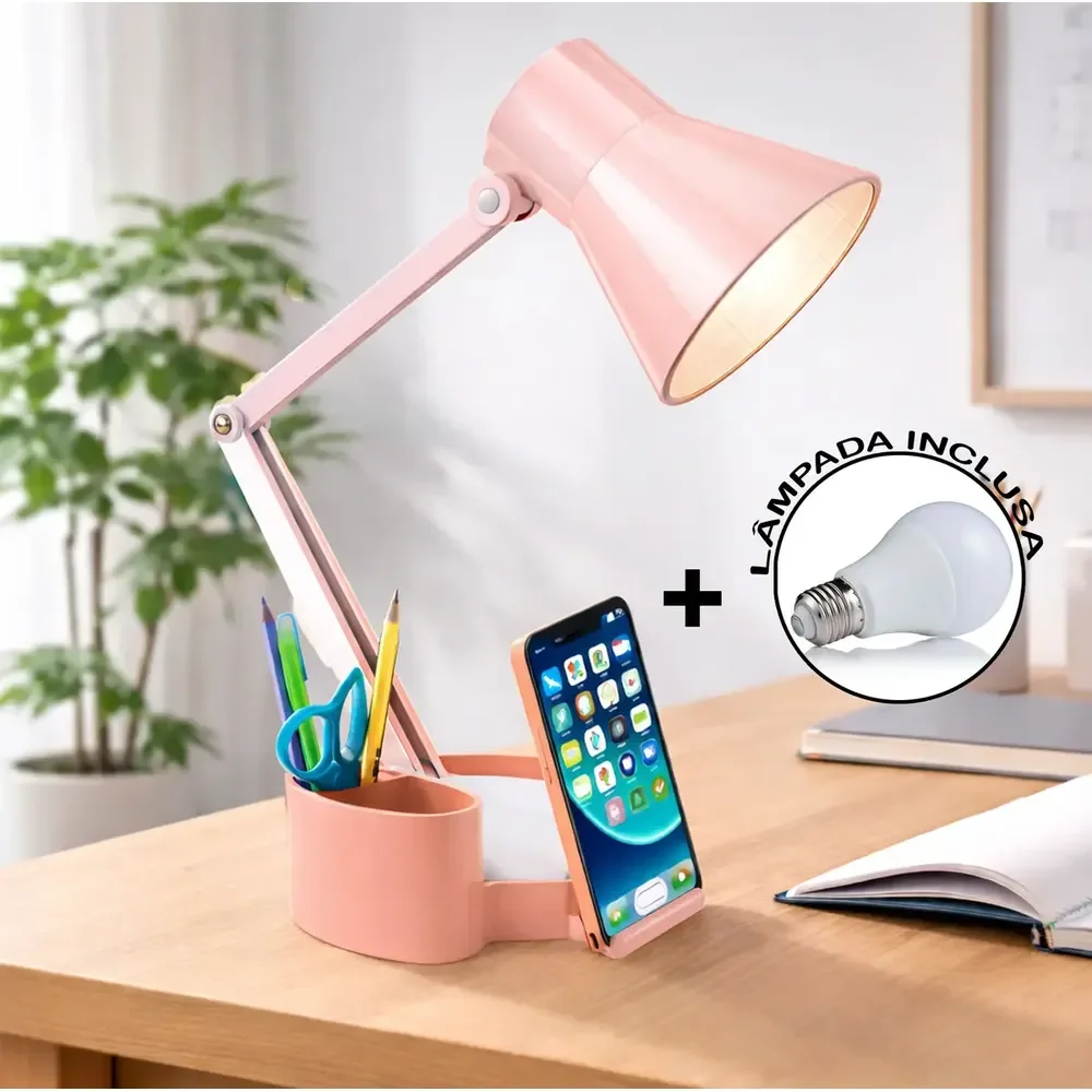 Abajur Luminária Articulada Porta Lápis Home Office Estudo Cúpula Salmão Estrutura Salmão/branco