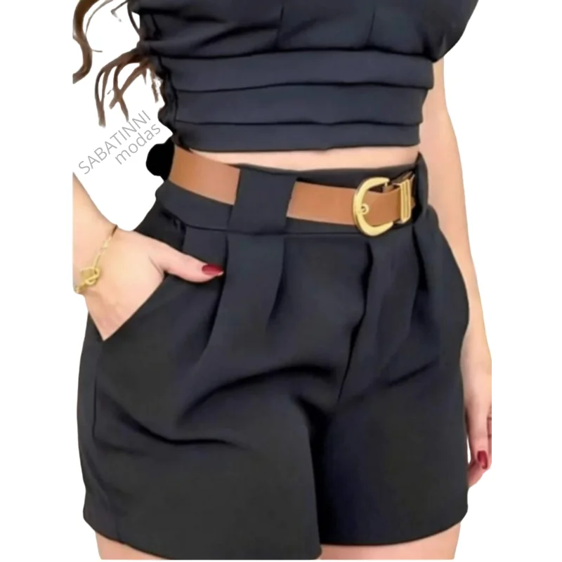 Shorts Tendencia Alfaiataria Com Cinto De Couro Modelo Social Short
