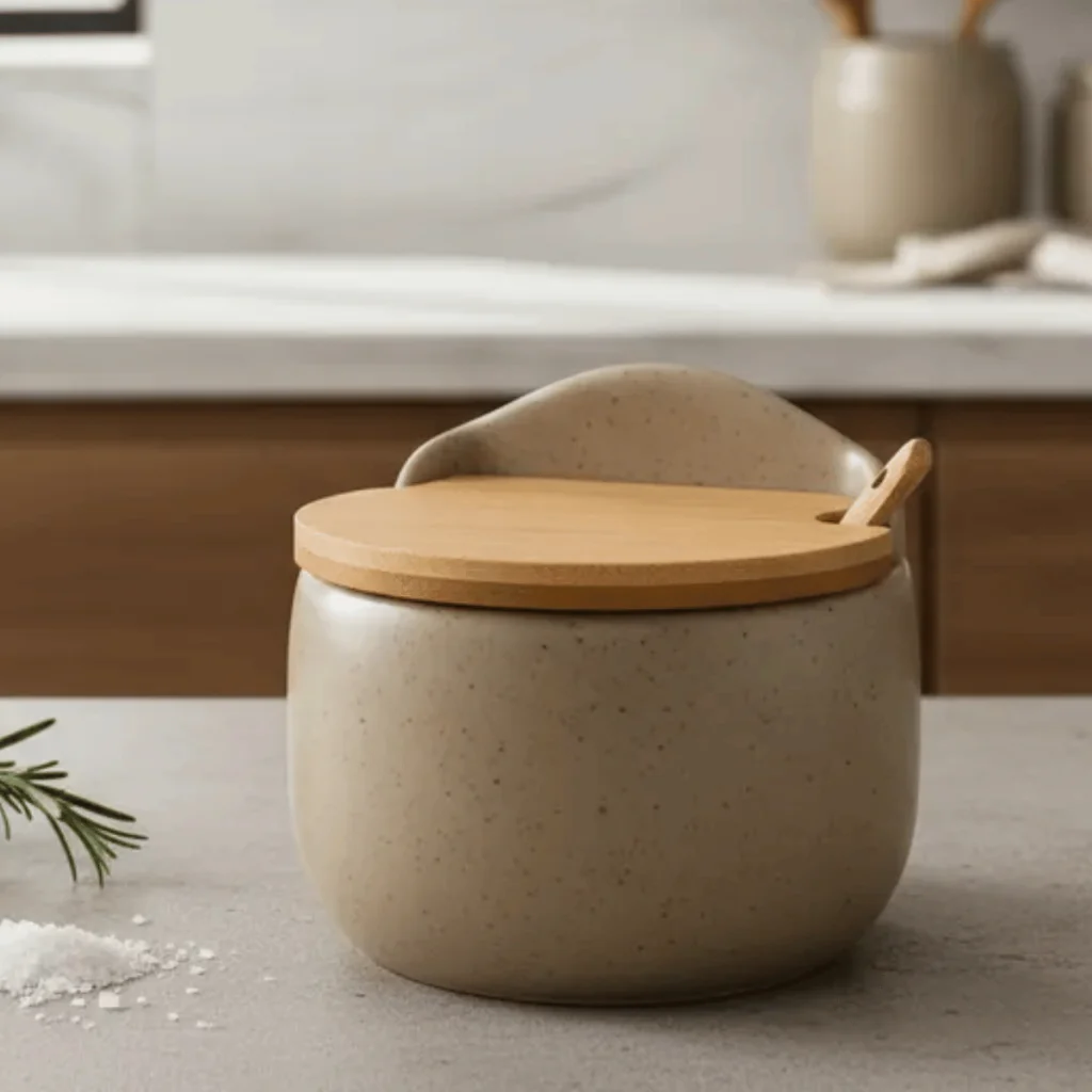 Saleiro de Cerâmica Porta Sal Com Tampa Colher de Bambu 450ml Açucareiro