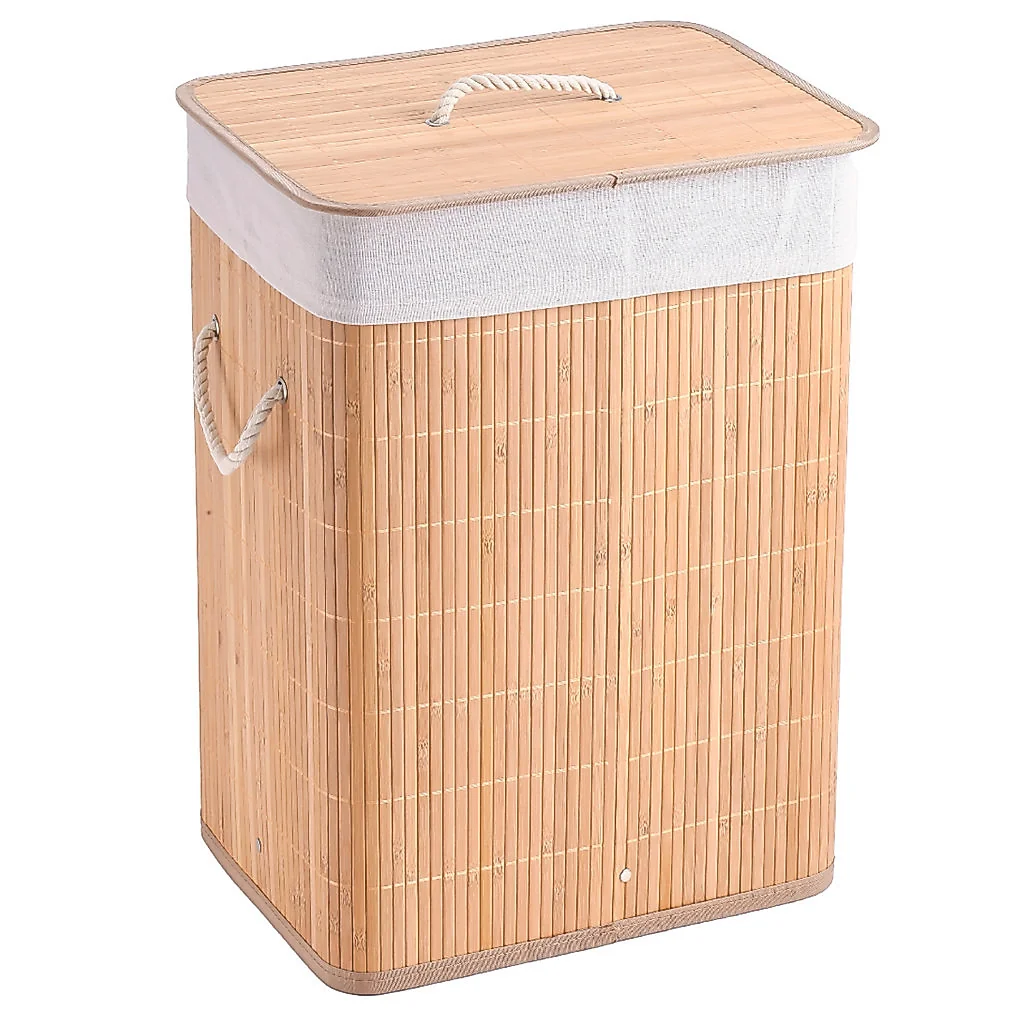 Cesto De Roupa Suja Bambu Dobrável Retangular 60L Grande Organizador Forrado Tampa Alças Banheiro Lavanderia Multiuso