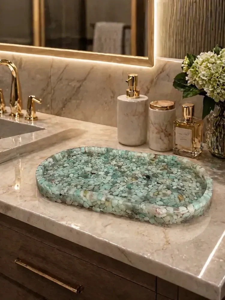 Bandeja Oval Premium Lavabo Banheiro Luxo Quartzo Natural Verde Tifany