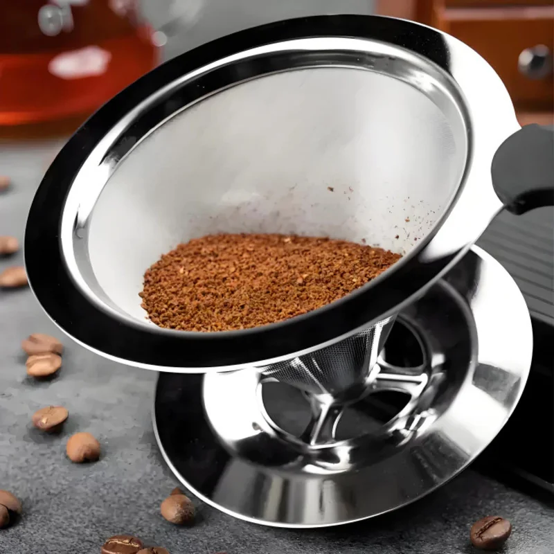 Filtro Coador de Café Inox 103 Grande Reutilizável Com Pegador em Silicone Pour Over Peneira Aço Reutilizável