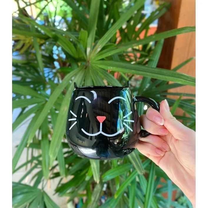 Caneca Café Chá Gato Preto Carinhas 500ml Porcelana Fofa Presente Criativo