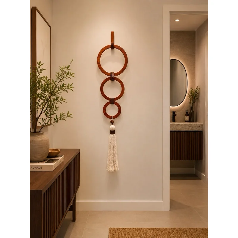 Colar de parede madeira 3 elos decorativo franja grande argola grande