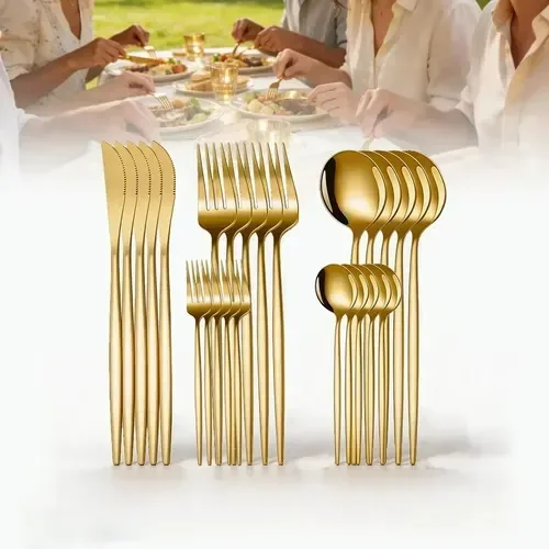 Kit Talheres 25 Peças Jogo De Talheres Inox Faqueiro Dourado