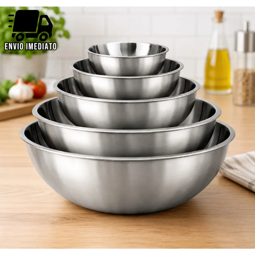 Kit Tigelas Inox 5 Peças Bowl Aço Inoxidável Premium 580ml 900ml 1600ml 2050ml 2600ml Cozinha HS