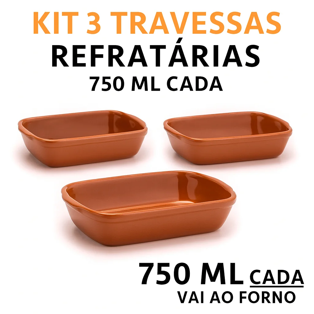 Kit 3 Travessas Refratárias Retangulares 750ml Marrom | Porcelana para Forno, Massas, Lasanha, Restaurante