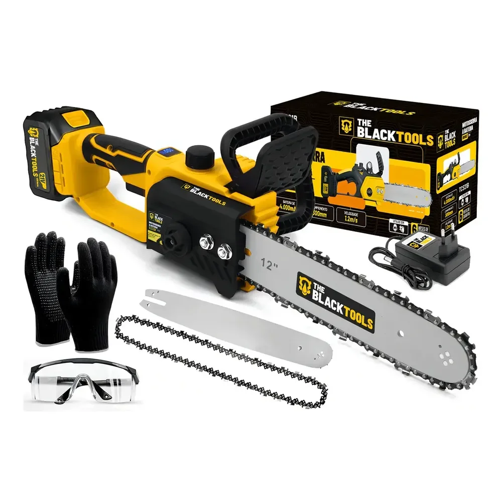 Moto Serra A Bateria 21v 4000mah 300mm 12 Polegadas Tcs21b The Black Tools + Kit Óculos E Luva Amarelo 127/220v 50 Hz/60 Hz