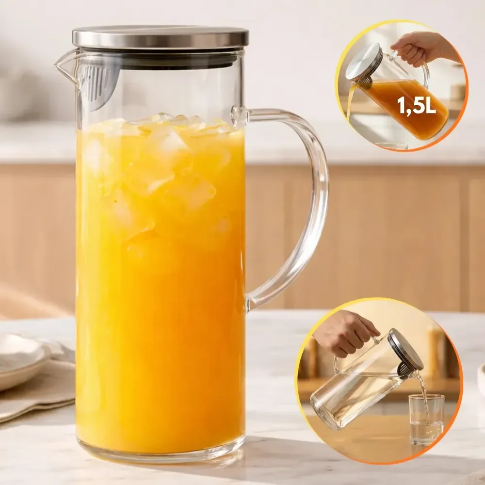 Jarra Vidro Borossilicato 1,5 Litros Tampa Inox Hermética Agua Suco Transparente