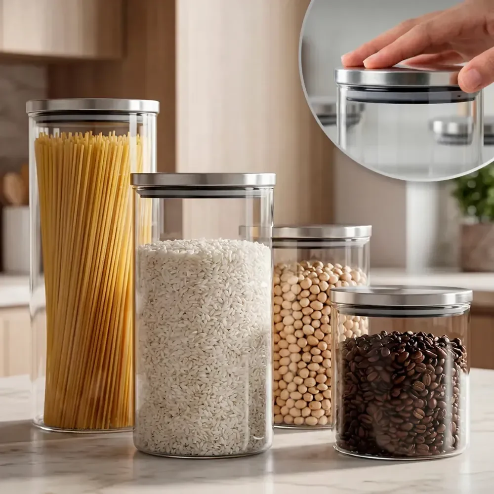 Porta Mantimentos 4 Potes Herméticos De Vidro Tampa Inox Alimentos Kit Cozinha Sólar Transparente