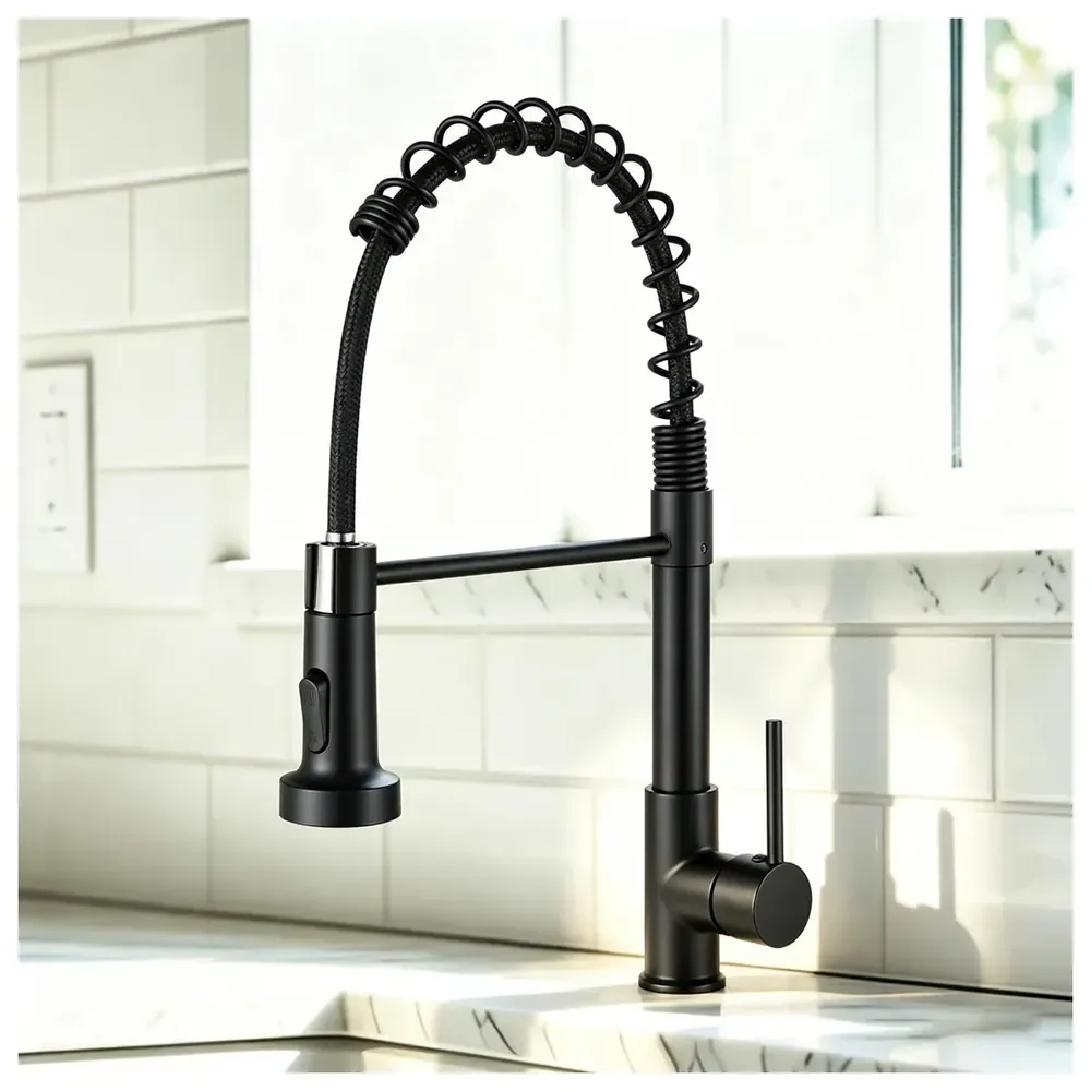 Torneira Cozinha Monocomando com Mola Flexível e Giro 360° Gourmet Alta Pressão Água Fria e Quente em Aço Inoxidável Acabamento Preto Fosco Montagem em Bancada