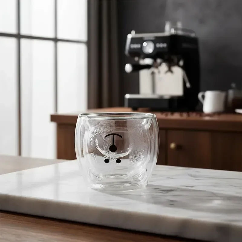 Copo De Vidro Duplo Urso Borossilicato Não Aquece Mão 250ml 3d Transparente Com Detalhes Preto