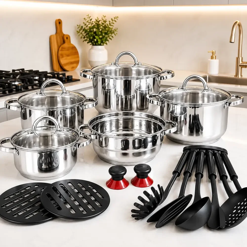 Jogo Panelas Inox 19 Peças Genebra Completo C/ Utensílios Prateado