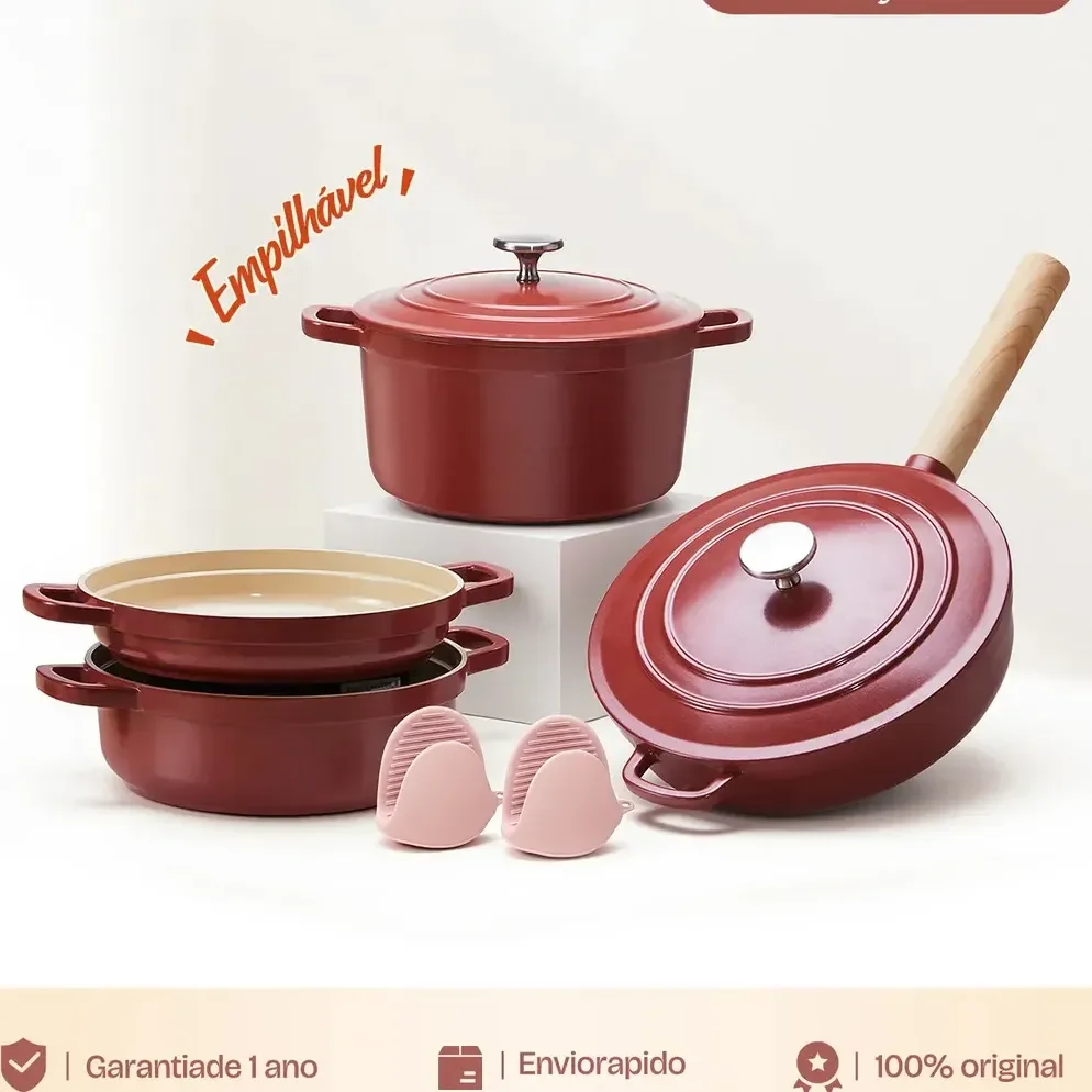 Jogo De Panelas Mollycook 5 Peças Cerâmica Antiaderente Indução Linha Bromo Vermelho