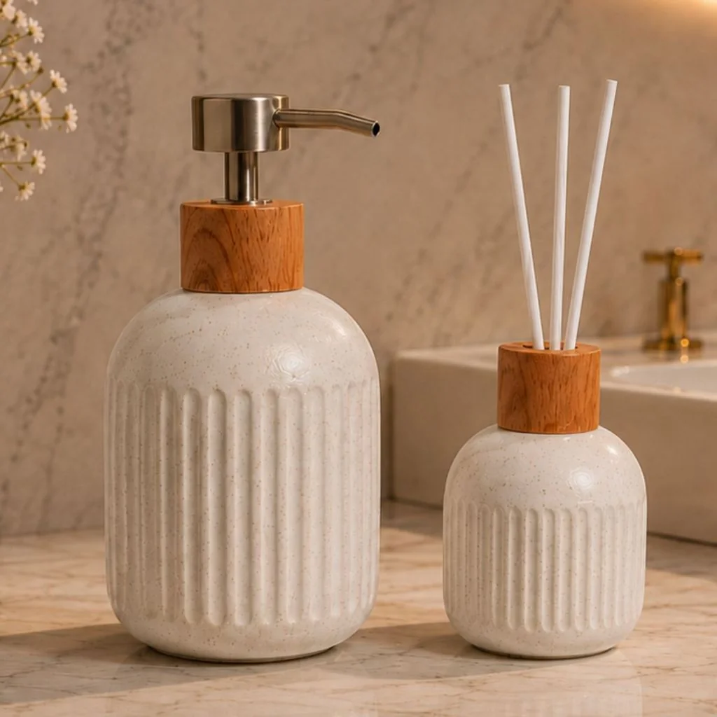 Kit Porta sabonete liquido Porcelana + difusor de aroma banheiro lavabo aromatizador saboneteira