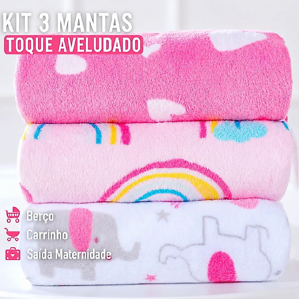KIT 3 MANTA de bebê Cobertor do Bebe Mantinha Microfibra estampada para Kit maternidade