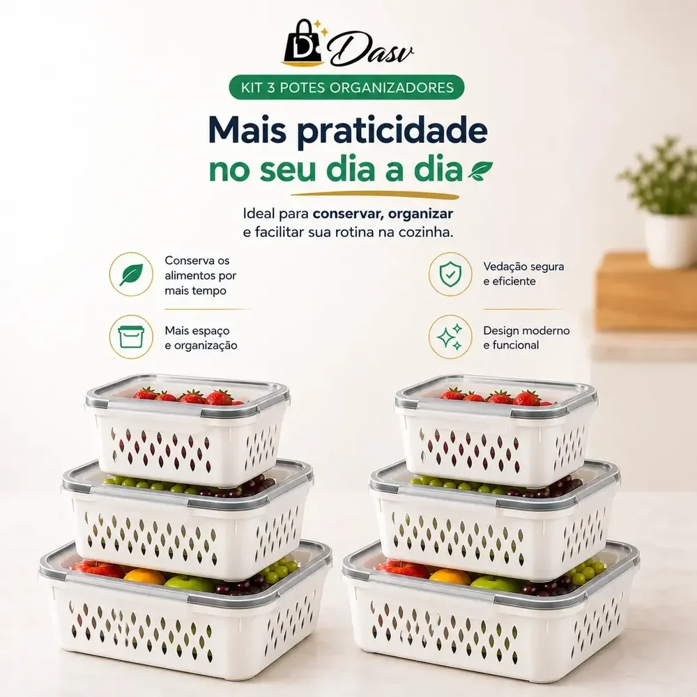 Conjunto Kit 6 Organizadores Geladeira Hermético Escorredor Cesto Frutas Alimentos Verduras Legumes Dasv