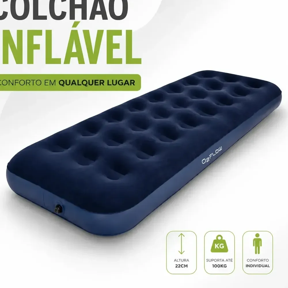 Colchão Inflável Solteiro Multiuso Aveludado Azul