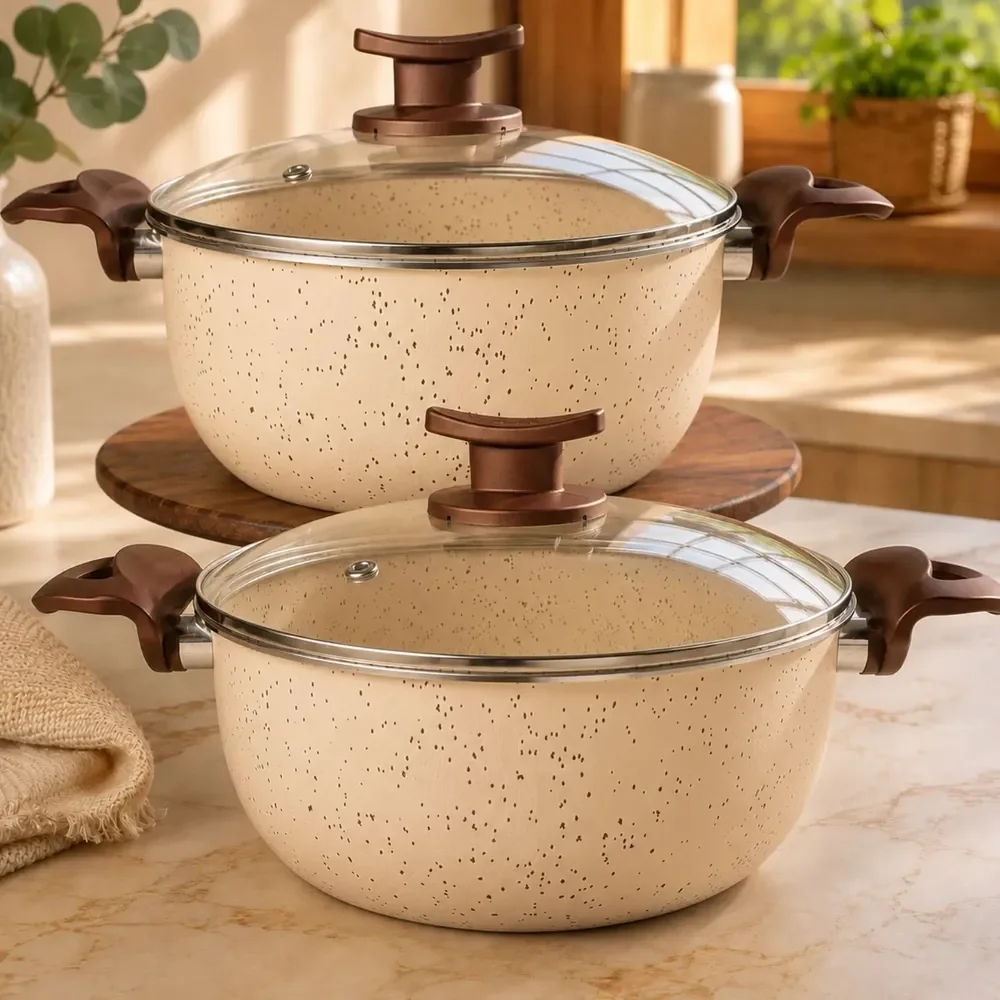Kit Panela Caçarola Grande 22 E 24 Cm Antiaderente Vanilla Bege Vanilla