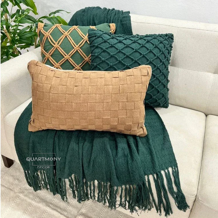 Kit Capa Almofada Cordão Verde Musgo Caramelo Macrame Artesanal Estilo Boho Trançada Moderno