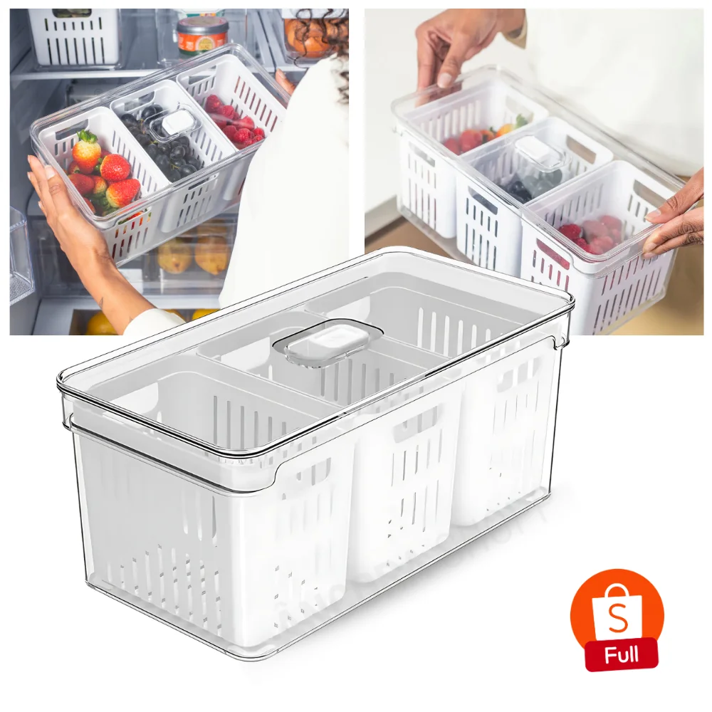 Organizador de Geladeira 5L com 3 Cestos Ou Natural Tampa Porta Frutas Legumes Vegetais Clear Fresh