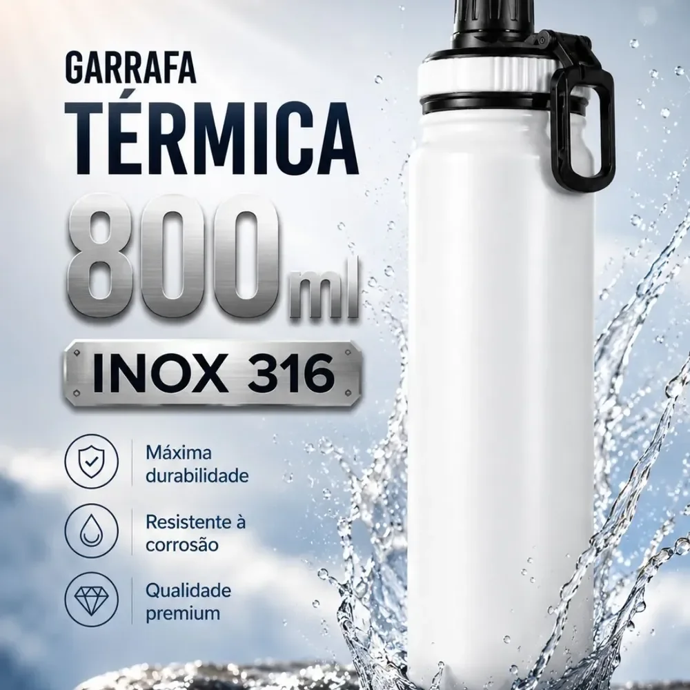 Garrafa Térmica 800ml Água Azarte Inox Academia Com Alça Branca