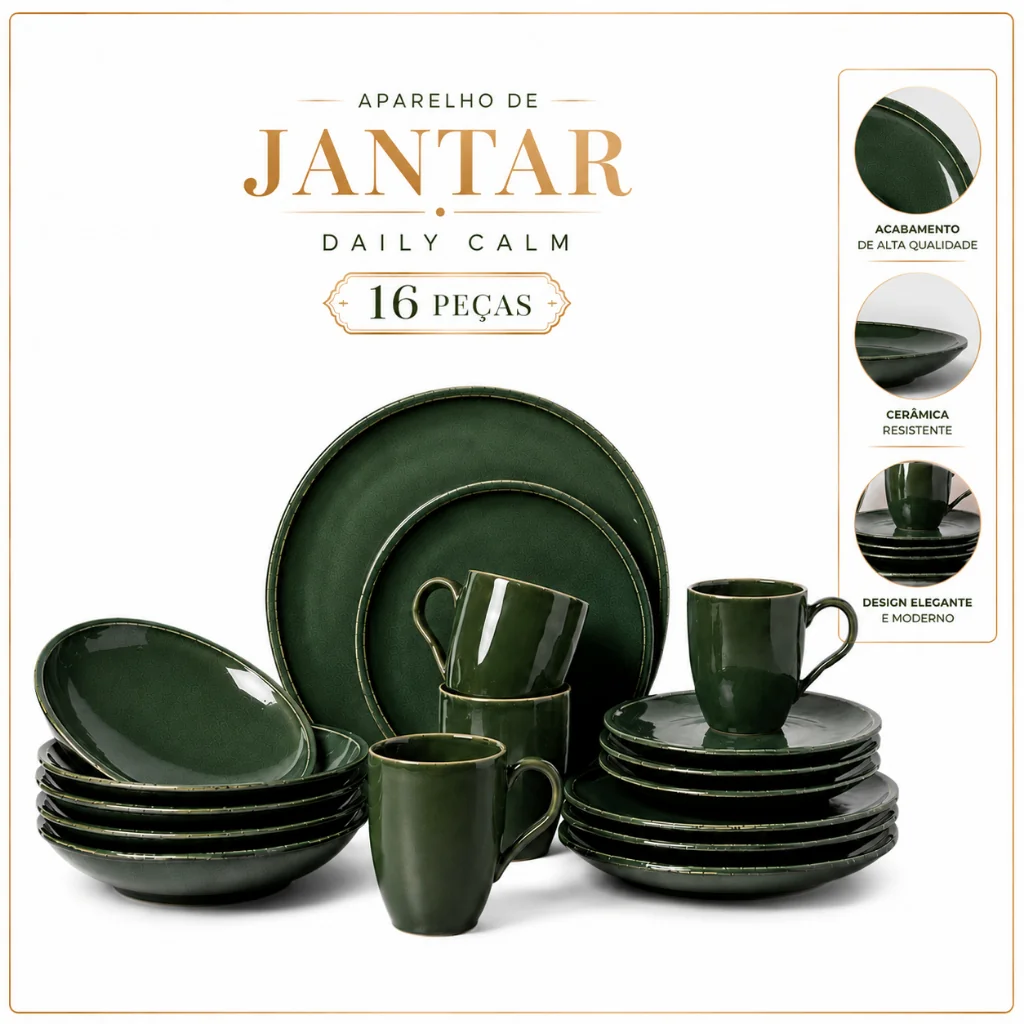 Kit Conjunto Aparelho de Jantar e Chá 16 Peças Porto Brasil Verde Cerâmica Jogo Cozinha Restaurante Buffet Mesa Posta
