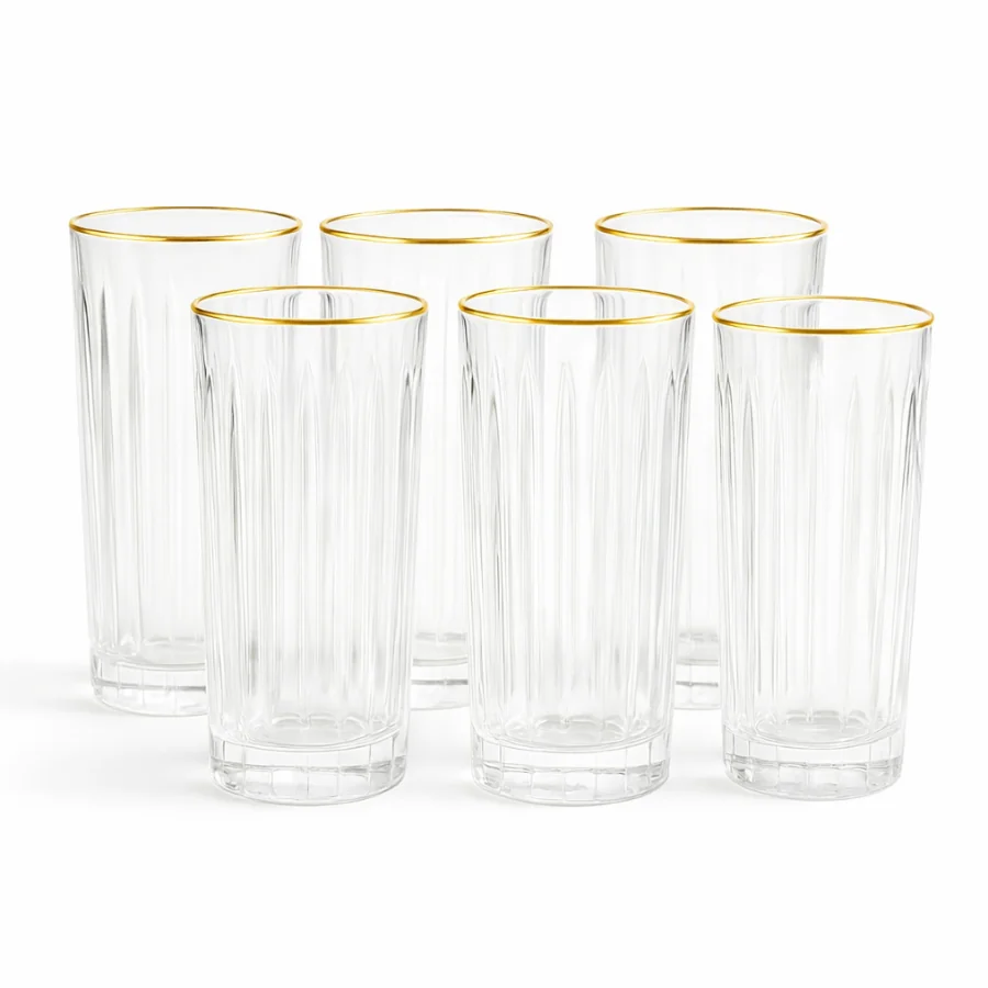 Jogo 6 Copos Altos Com Borda Dourada Em Vidro 370ml Bebidas