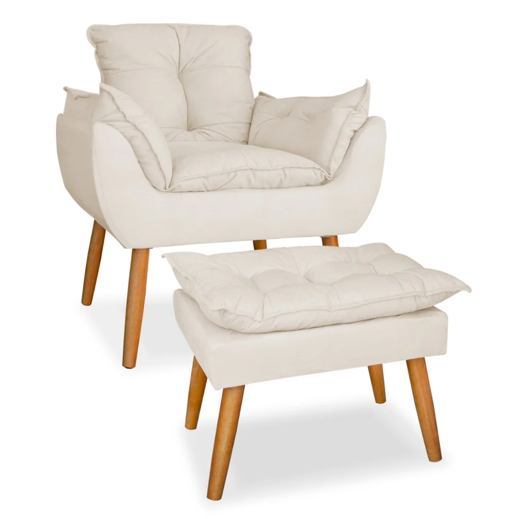 Kit poltrona mais puff deluxo pes palito em suede bege