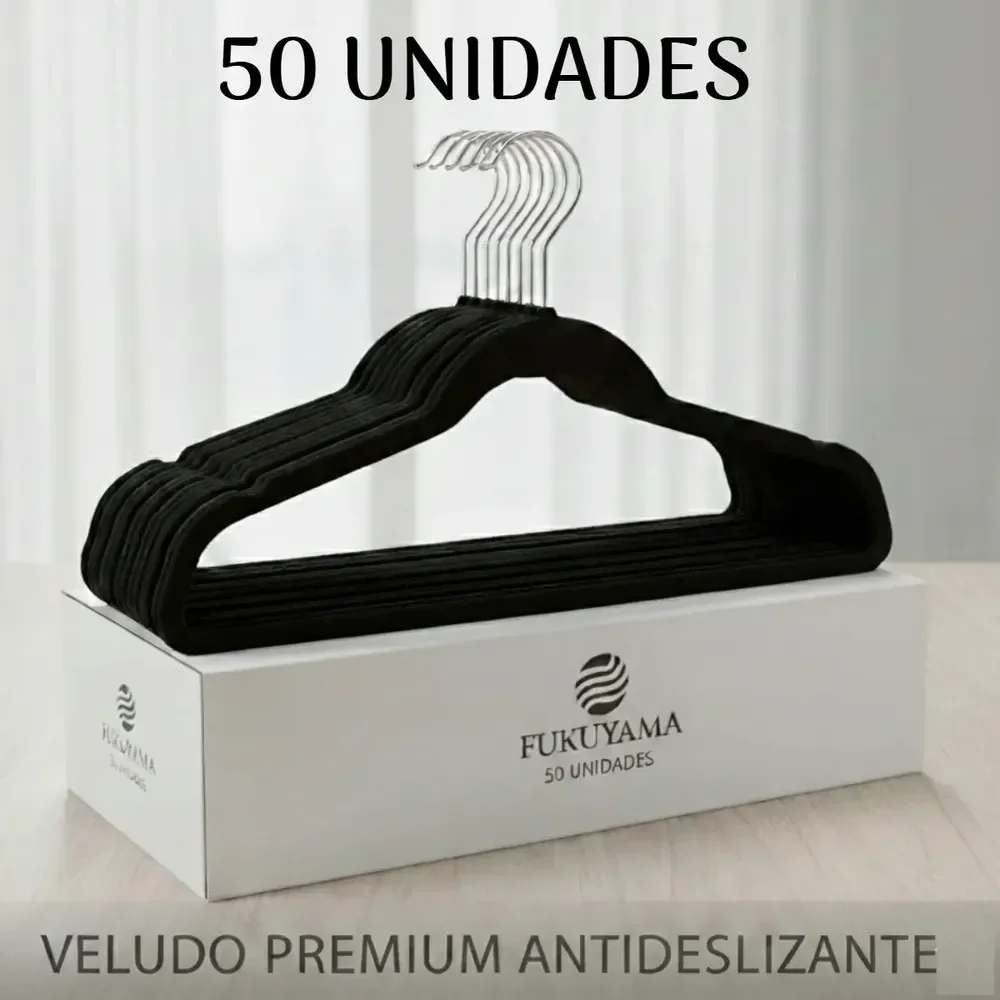 Kit 50 Cabides De Veludo Preto Fukuyama Com Gancho Giratório 360° Antideslizante Slim