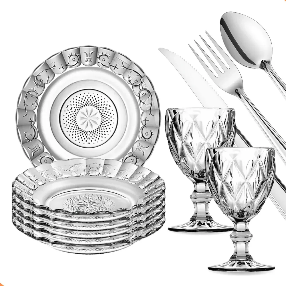 Aparelho De Jantar 30 Peças - Pratos + Taças + Talheres Inox Transparente Egípcio E Diamante