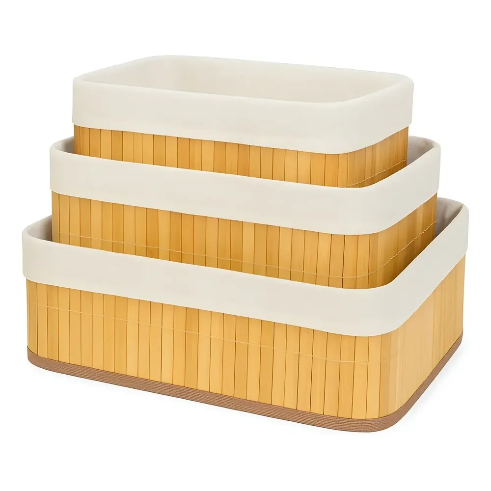 Kit 3 Cestos Organizador De Bambu Multiuso Com Forro Cozinha Banheiro Ziphome Bege