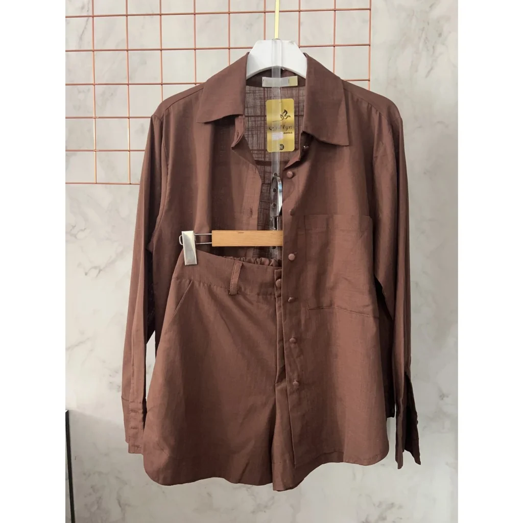 🛍️Conjunto Femenino Leve | Camisa Chemise de Manga Longa e Short Com Elástico