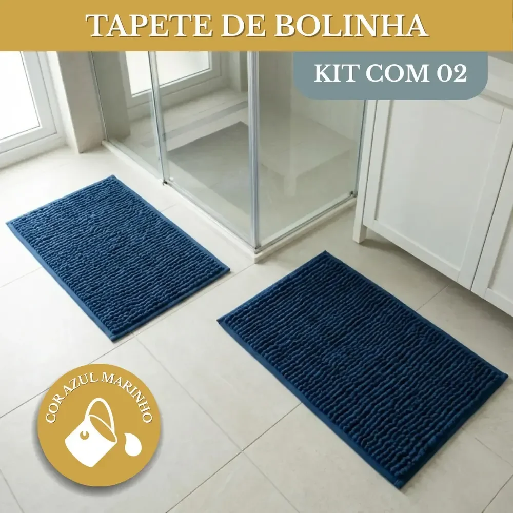 Kit 02 Tapete Banheiro Dedinho Macio Bolinha Antiderrapante Cor Azul-marinho Lisa