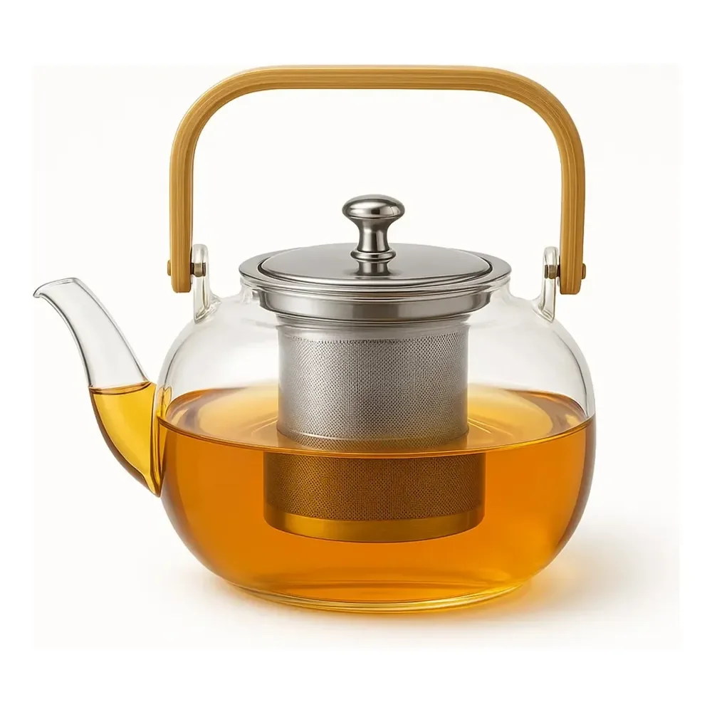 Chaleira Vidro 1l Bambu Inox Vai Ao Fogo Com Infusor Chá Trasparente