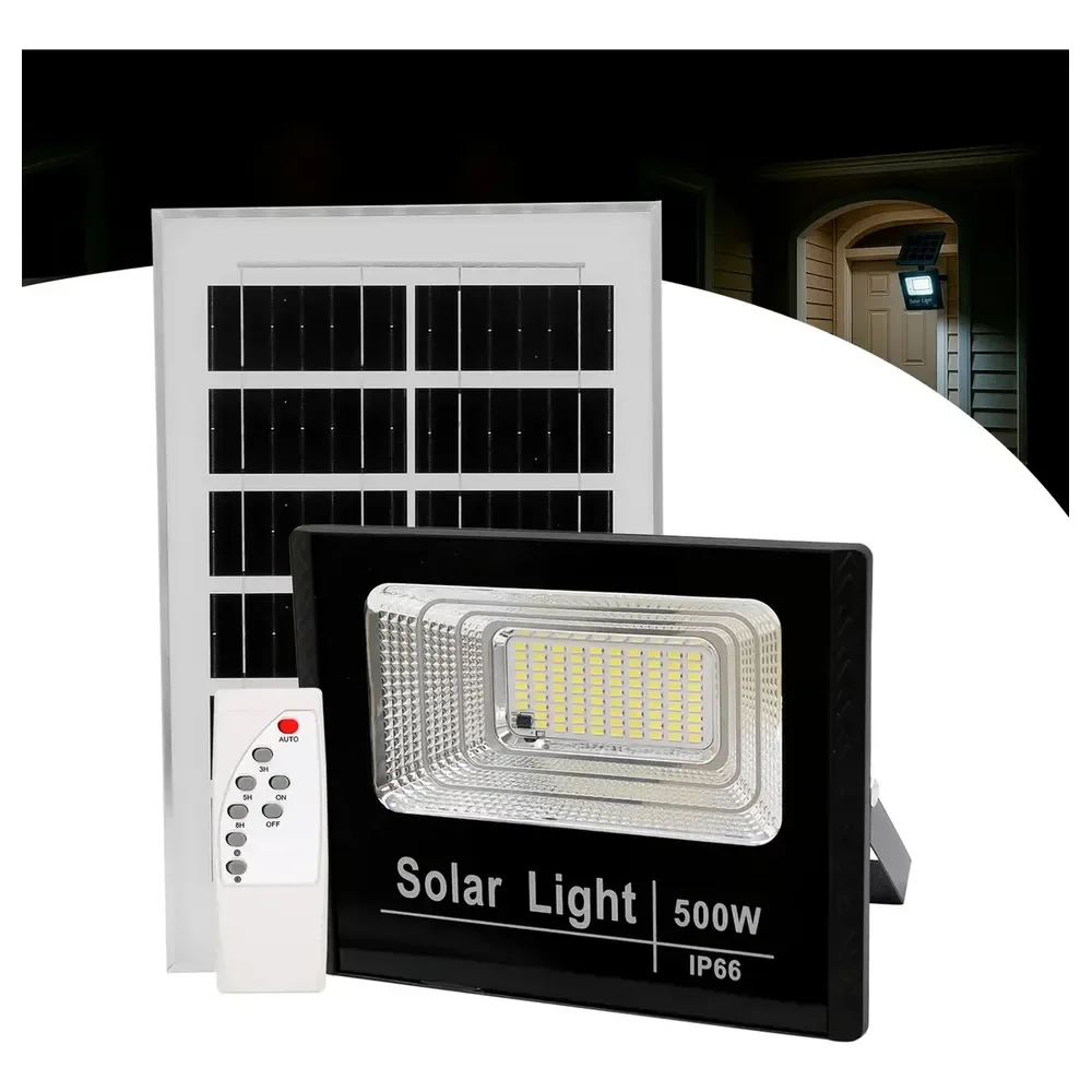 🛍 Refletor Solar Led Holofote 500w Placa Bateria Prova Dágua Preto Branco-frio